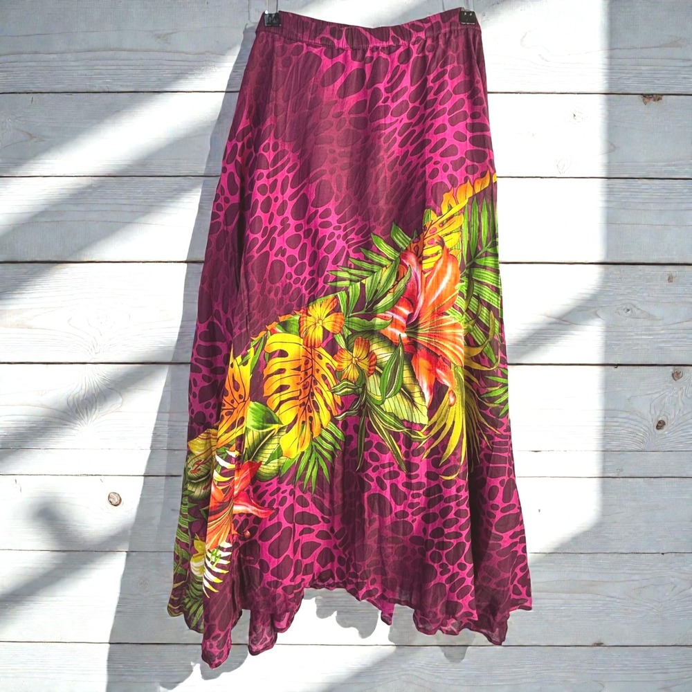 Vintage NWT Broomstick Maxi Skirt 1X Magenta Cotton Maximalist Tropical Floral